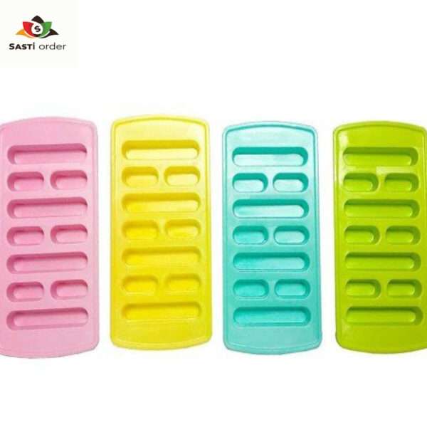 A Grid Shape Ice Cube Tray filled with water, showcasing its unique grid design for making uniformly shaped ice cubes, placed on a kitchen counter with a backdrop of a freezer.