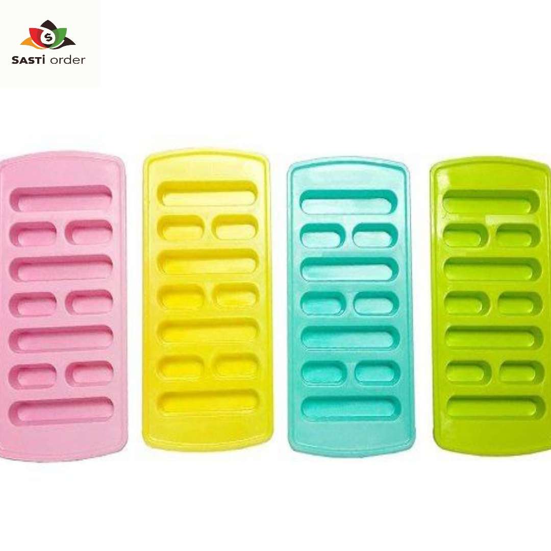 A Grid Shape Ice Cube Tray filled with water, showcasing its unique grid design for making uniformly shaped ice cubes, placed on a kitchen counter with a backdrop of a freezer.