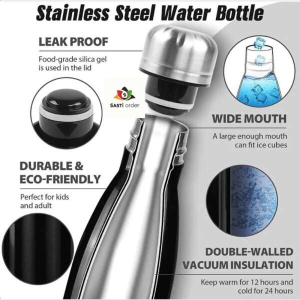 A Steel Insulated Bottle showcasing a sleek, durable design with double-wall insulation. The bottle is depicted in a modern finish, emphasizing its high-quality stainless steel construction. It features a leak-proof screw-on lid and a wide mouth opening for easy filling and cleaning, ideal for maintaining beverage temperatures for hours. Perfect for outdoor activities, workouts, or daily hydration.