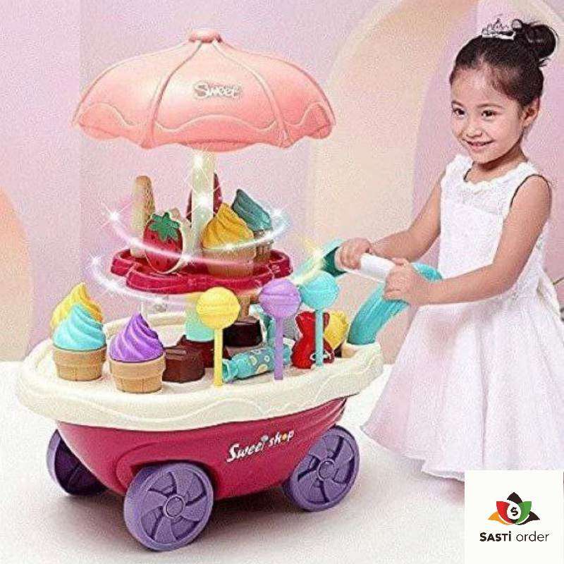 Mini ice cream cart toy for kids featuring colorful ice cream cones, scoops, and toppings, designed for imaginative play and interactive fun.