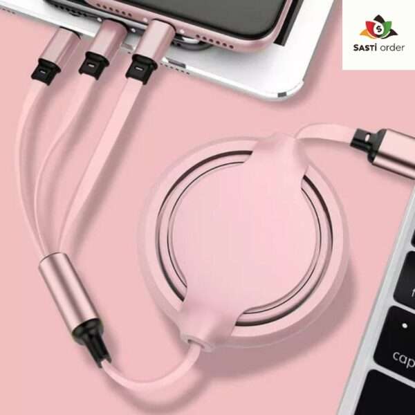 3 in 1 USB cable with USB-C, Lightning, and Micro USB connectors, designed for charging and syncing multiple devices conveniently.