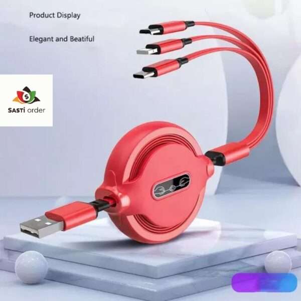 3 in 1 USB cable with USB-C, Lightning, and Micro USB connectors, designed for charging and syncing multiple devices conveniently.