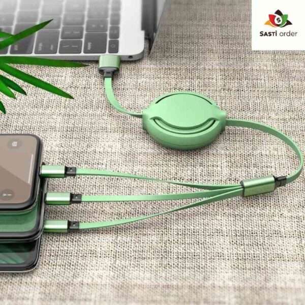 3 in 1 USB cable with USB-C, Lightning, and Micro USB connectors, designed for charging and syncing multiple devices conveniently.