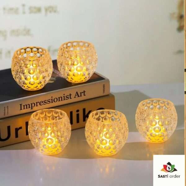 A sleek, honeycomb-patterned clear plastic LED candle holder that mimics the look of crystal, designed to beautifully refract light from flameless candles, adding a modern and elegant touch to any room or event.