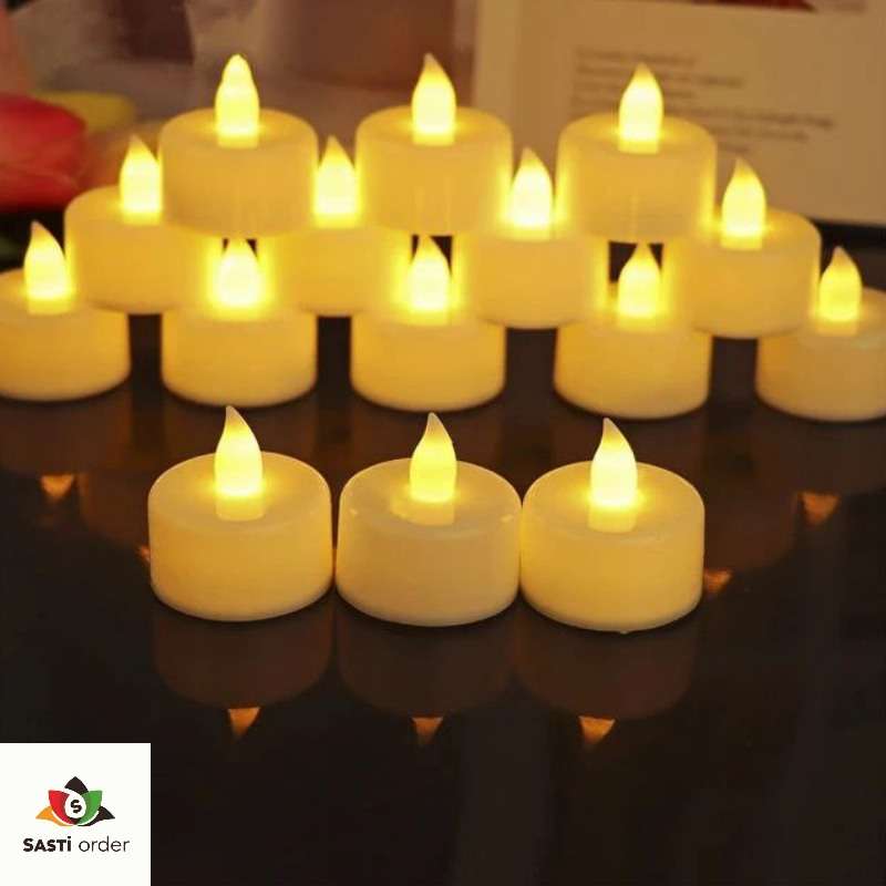 A set of white candle tea lights, elegantly displayed, emitting a soft, warm glow, perfect for enhancing any decor or occasion with a tranquil ambiance.