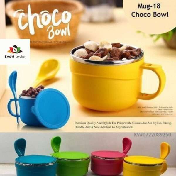 A stylish Maggie bowl with a lid and matching spoon, designed for serving noodles and snacks, featuring a modern design and made from durable, BPA-free plastic.