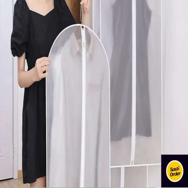 White Clear PVC Plastic Garment Bag with full-length zipper, designed for protecting suits and dresses. Transparent, durable, and waterproof, ideal for travel and closet storage.