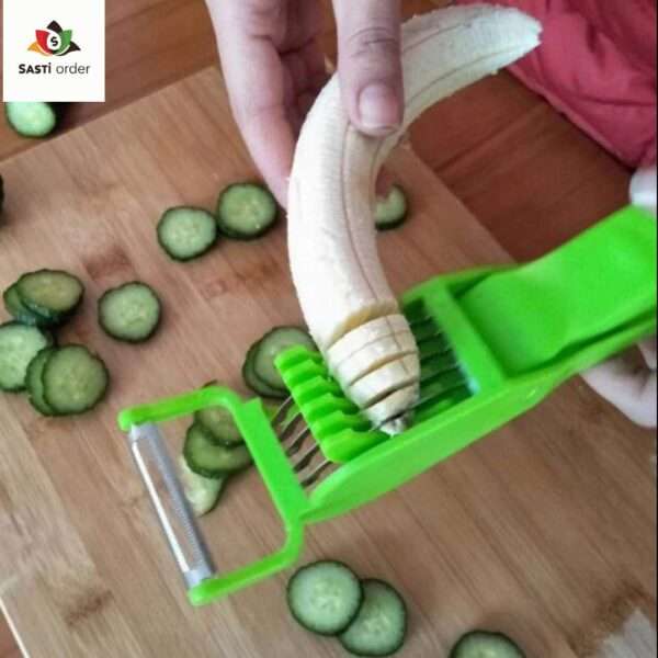 Image of the tool displayed upright: "2-in-1 sharp stainless steel tool featuring a knife on one side and a bottle opener on the other." Image of the tool in use cutting: "Person using the 2-in-1 sharp stainless steel knife to slice through a fruit." Image showing the bottle opener function: "Close-up of the stainless steel tool opening a bottle cap with its built-in bottle opener." Image of the tool alongside food items: "2-in-1 sharp stainless steel tool placed next to fresh vegetables and a bottle, showcasing its versatility in the kitchen.