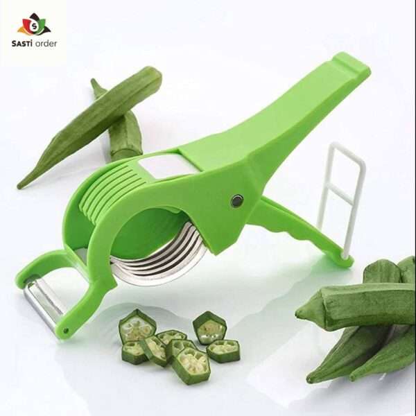 Image of the tool displayed upright: "2-in-1 sharp stainless steel tool featuring a knife on one side and a bottle opener on the other." Image of the tool in use cutting: "Person using the 2-in-1 sharp stainless steel knife to slice through a fruit." Image showing the bottle opener function: "Close-up of the stainless steel tool opening a bottle cap with its built-in bottle opener." Image of the tool alongside food items: "2-in-1 sharp stainless steel tool placed next to fresh vegetables and a bottle, showcasing its versatility in the kitchen.