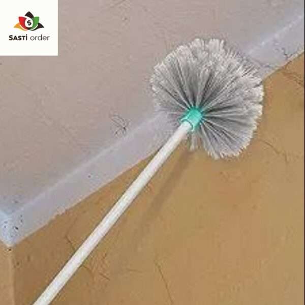 Image of the broom standing upright: "Round Ceiling Super Broom with a telescopic handle, designed for efficient cleaning of high ceilings and tight spaces.