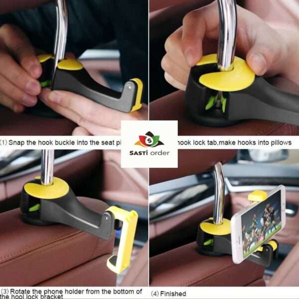 Image of the hooks installed in a car: "Universal Car Headrest Hooks installed on a vehicle's headrest, providing convenient storage for bags and jackets."