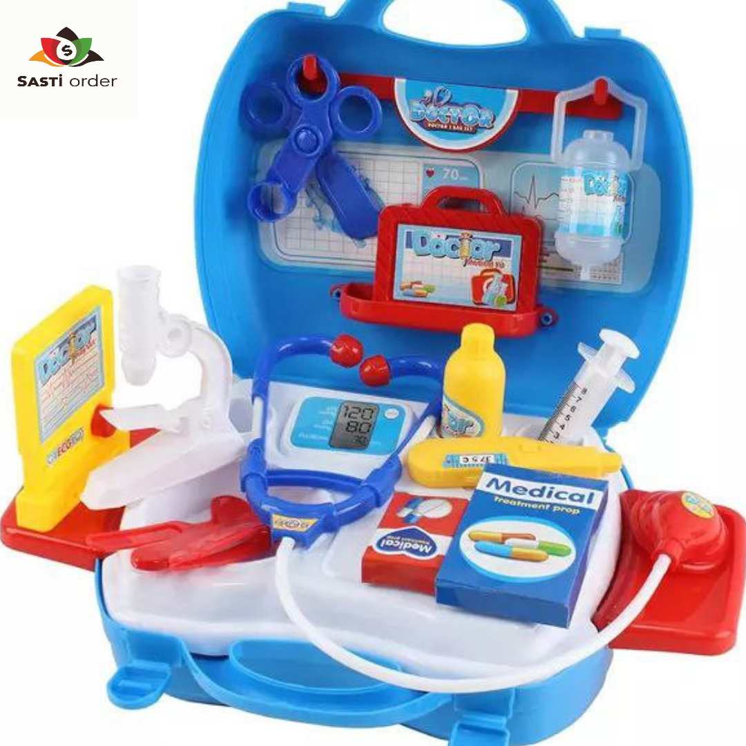 Image of the complete set: "18 pc Medical Doctor Play Set displayed with all realistic medical tools, including a stethoscope, syringe, and thermometer.