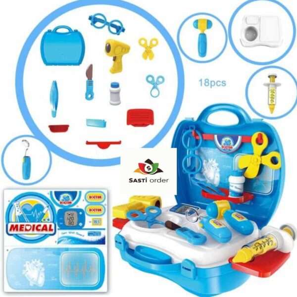Image of the complete set: "18 pc Medical Doctor Play Set displayed with all realistic medical tools, including a stethoscope, syringe, and thermometer.