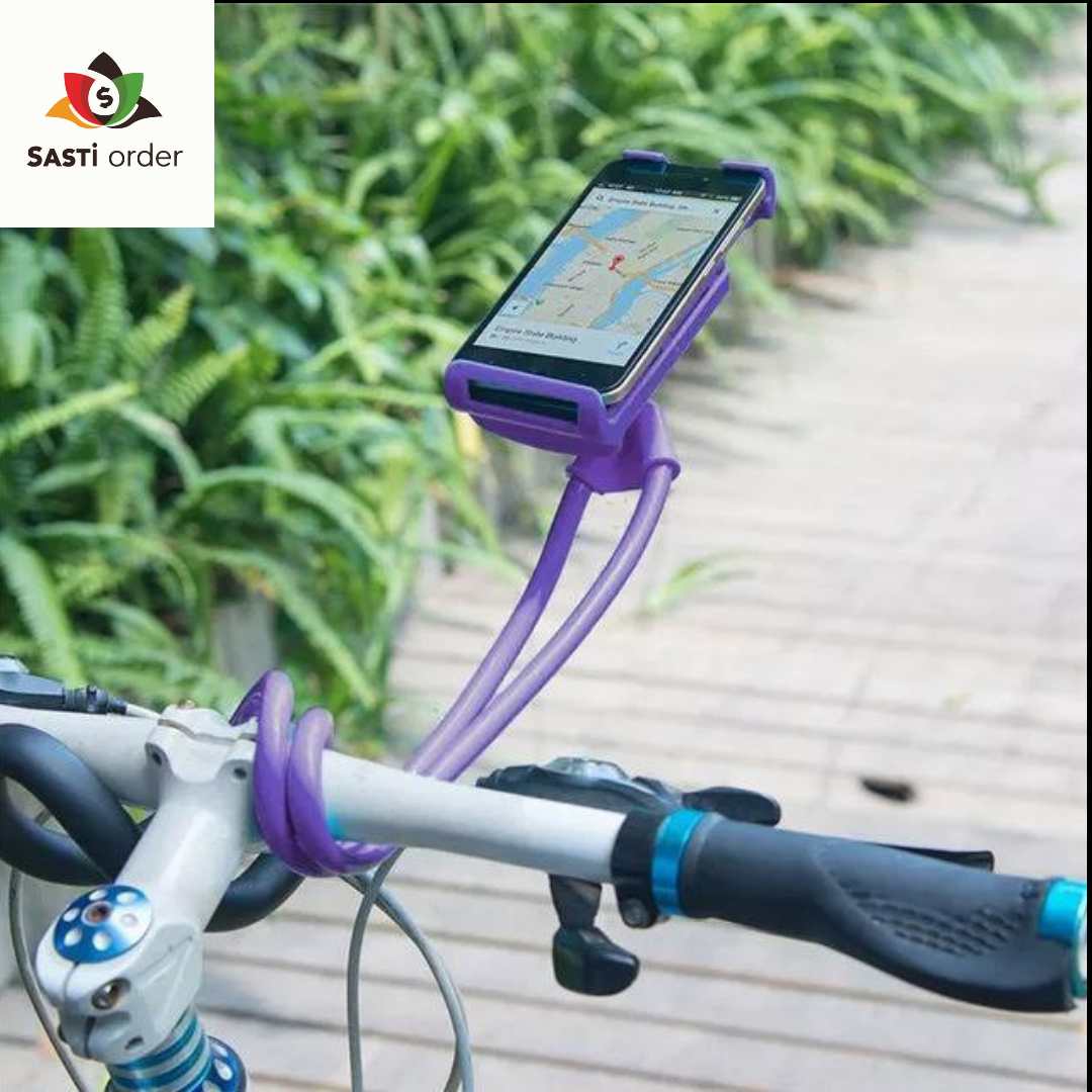 A flexible Lazy Neck Mobile Holder wrapped around a person's neck, securely holding a smartphone in front for hands-free viewing, with a 360° rotating mount for adjustable angles.