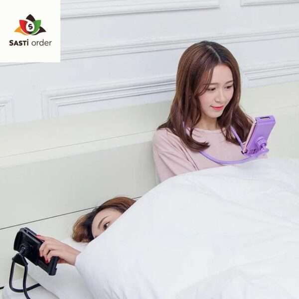 A flexible Lazy Neck Mobile Holder wrapped around a person's neck, securely holding a smartphone in front for hands-free viewing, with a 360° rotating mount for adjustable angles.