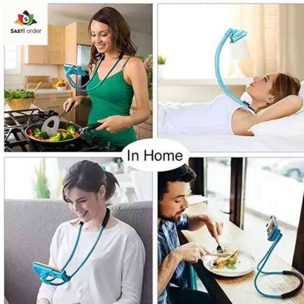 A flexible Lazy Neck Mobile Holder wrapped around a person's neck, securely holding a smartphone in front for hands-free viewing, with a 360° rotating mount for adjustable angles.