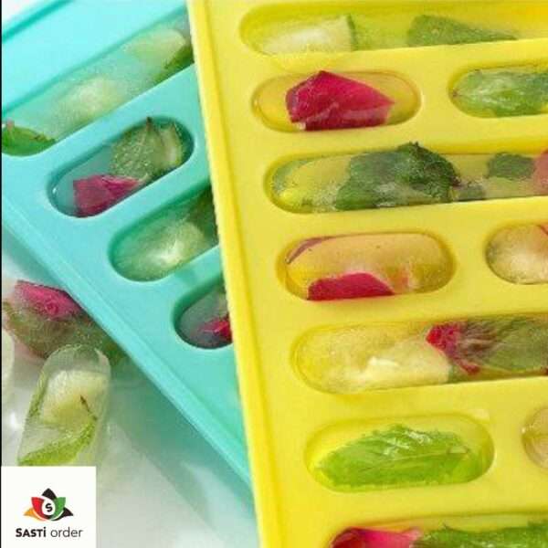 A Grid Shape Ice Cube Tray filled with water, showcasing its unique grid design for making uniformly shaped ice cubes, placed on a kitchen counter with a backdrop of a freezer.