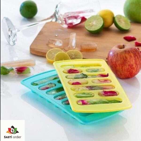 A Grid Shape Ice Cube Tray filled with water, showcasing its unique grid design for making uniformly shaped ice cubes, placed on a kitchen counter with a backdrop of a freezer.