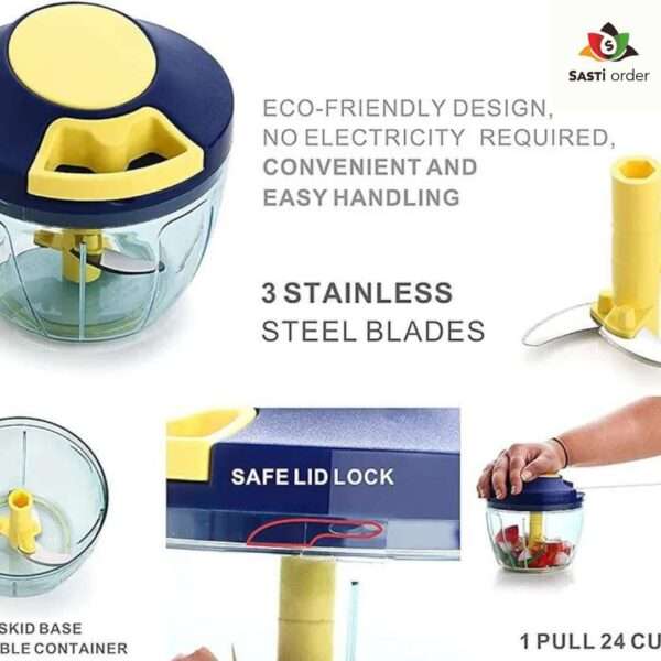 A Manual Vegetable Fruit Onion Chopper with a clear bowl, stainless steel blades, and a pull-cord mechanism, placed on a kitchen counter with chopped onions and vegetables nearby.