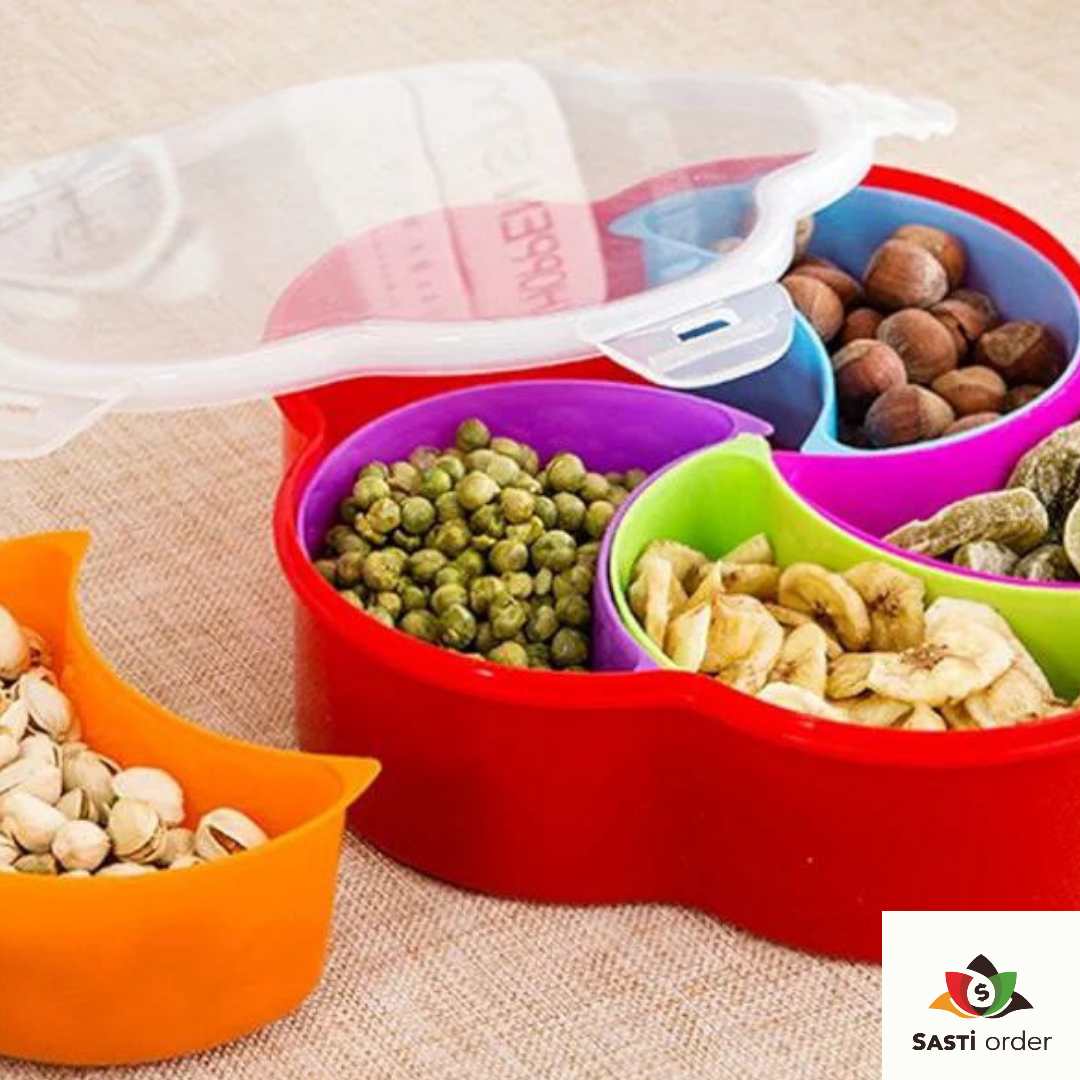 A set of Emoyi Plastic Decorative Serving Trays in vibrant colors and elegant patterns, arranged on a table with snacks and drinks, showcasing their stylish and versatile design.
