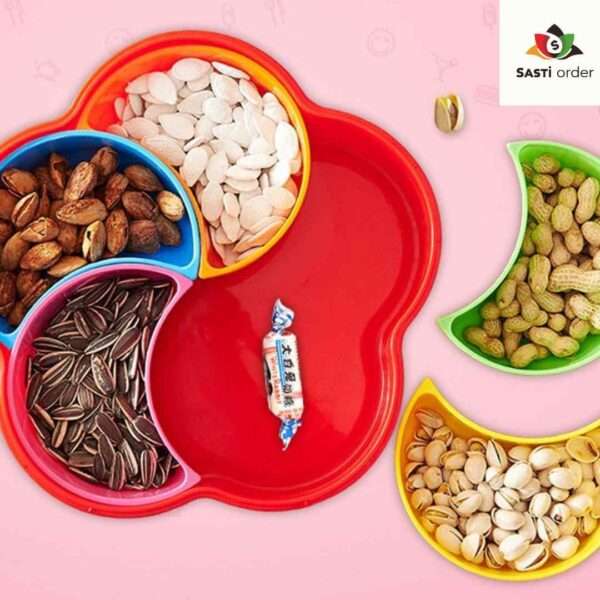 A set of Emoyi Plastic Decorative Serving Trays in vibrant colors and elegant patterns, arranged on a table with snacks and drinks, showcasing their stylish and versatile design.