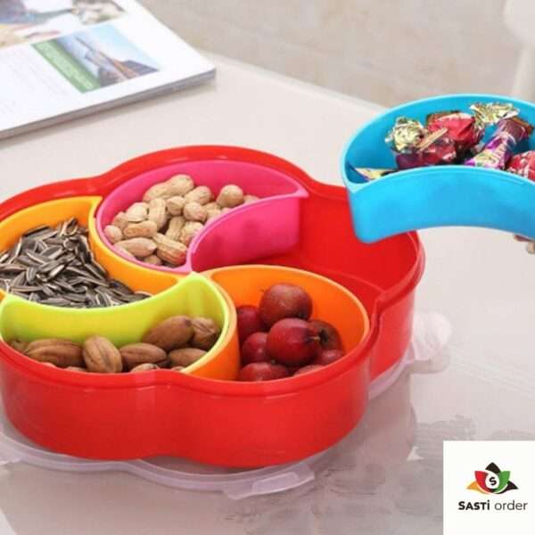 A set of Emoyi Plastic Decorative Serving Trays in vibrant colors and elegant patterns, arranged on a table with snacks and drinks, showcasing their stylish and versatile design.