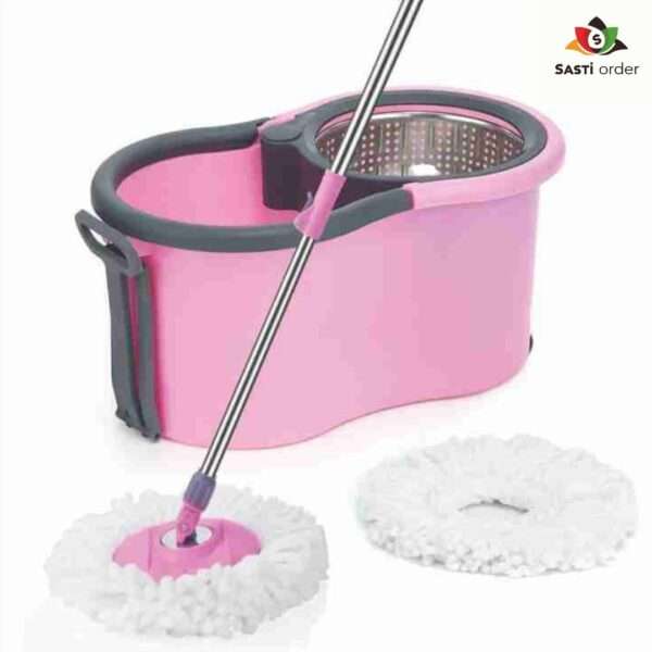 A Spin Mop 360 with a vibrant microfiber mop head, positioned beside a bucket with a foot pedal for spinning, placed on a clean floor, showcasing its 360-degree rotating capability and user-friendly design