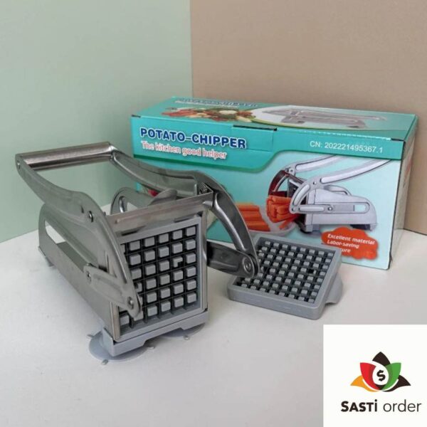 A sturdy French Fry Cutter with stainless steel blades, designed for effortlessly slicing potatoes into uniform fries, featuring a lever mechanism and non-slip base for easy and safe use.