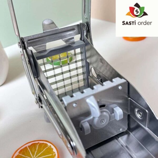 A sturdy French Fry Cutter with stainless steel blades, designed for effortlessly slicing potatoes into uniform fries, featuring a lever mechanism and non-slip base for easy and safe use.