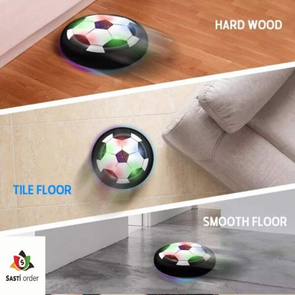 Toys LED Hover Soccer Ball gliding over a smooth surface with colorful lights illuminating the play area.