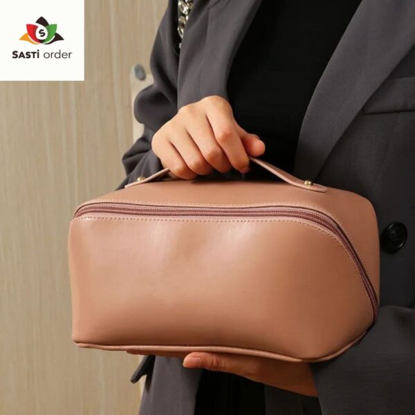 Stylish Portable Storage Makeup Bags in various colors and patterns, featuring multiple compartments for organized makeup and skincare storage.
