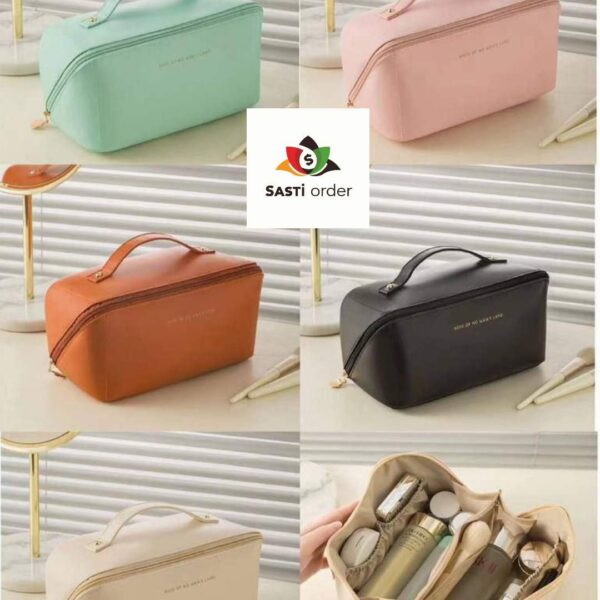 Stylish Portable Storage Makeup Bags in various colors and patterns, featuring multiple compartments for organized makeup and skincare storage.