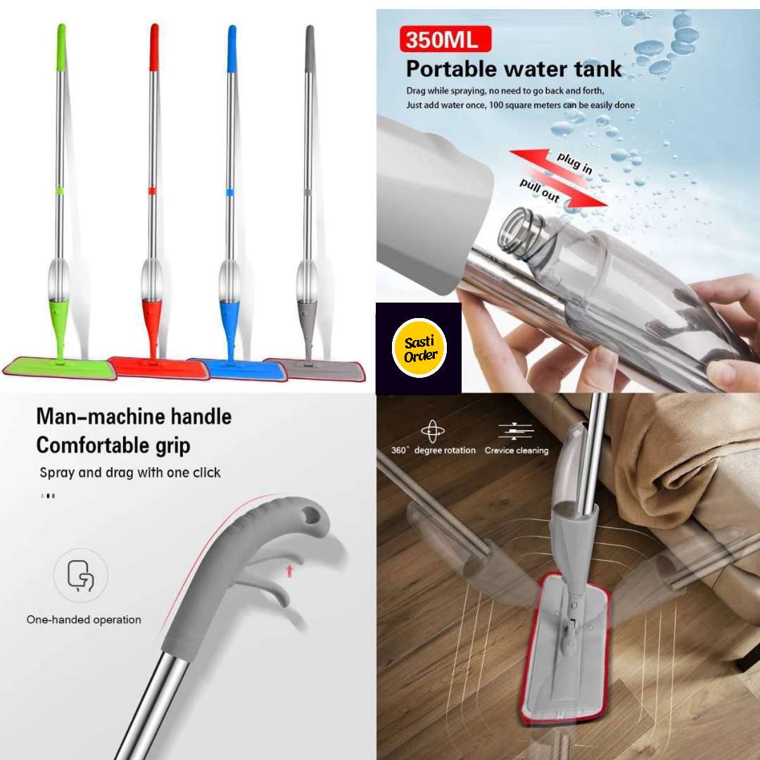 Spray mop with a built-in spray mechanism and microfiber pad for efficient floor cleaning.