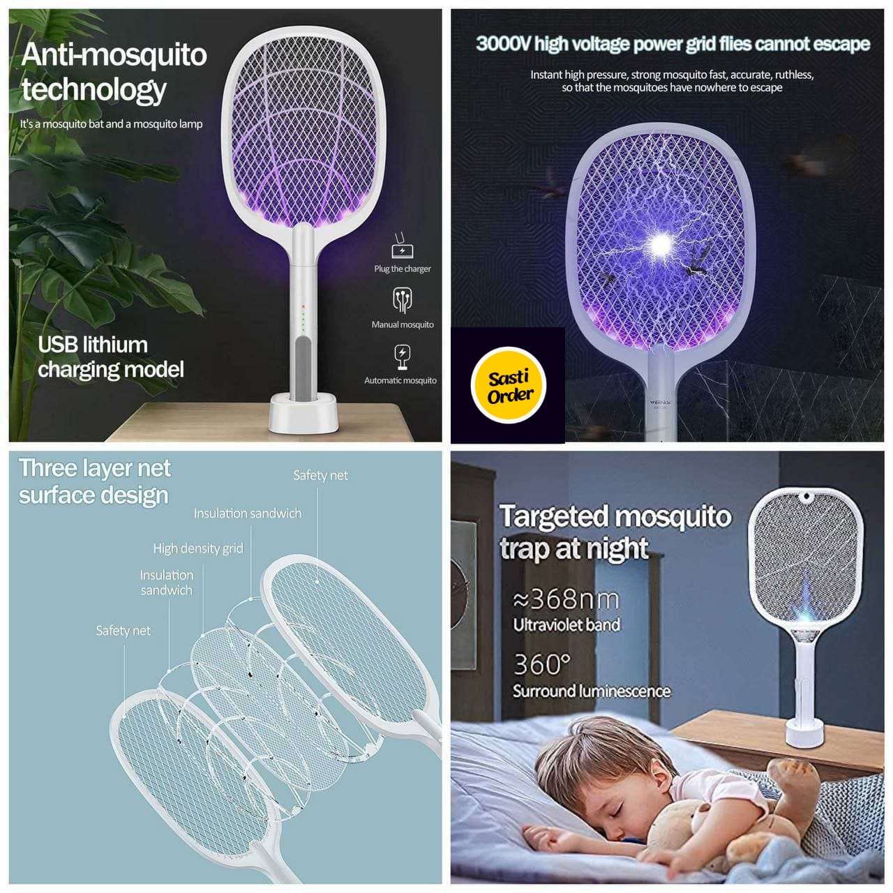 Electric Mosquito Swatter with a lightweight design, featuring an electric grid and built-in LED light.