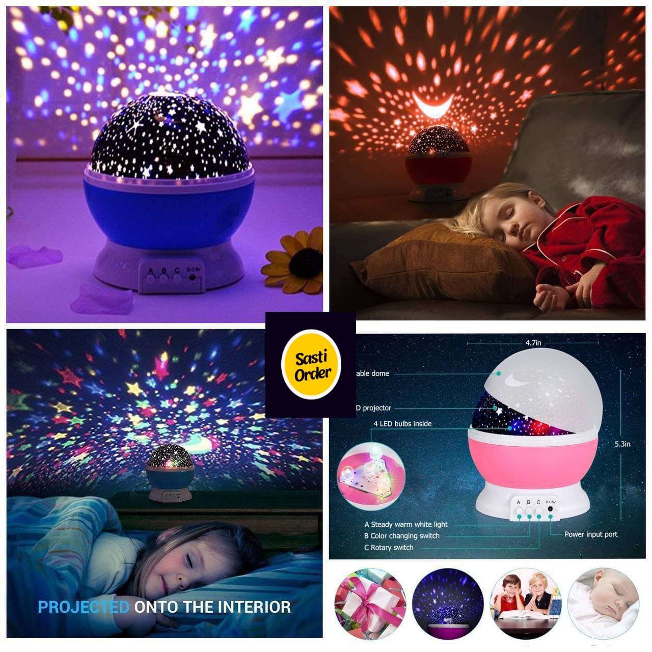 Star Master night light projector displaying a colorful starry sky on walls and ceiling, designed to create a calming ambiance.