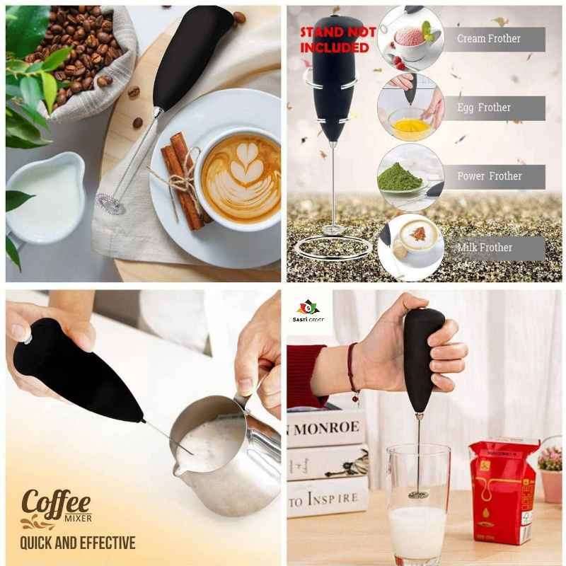 "Electric coffee beater with stainless steel whisk, designed for frothing milk and mixing coffee beverages for creamy lattes and cappuccinos."