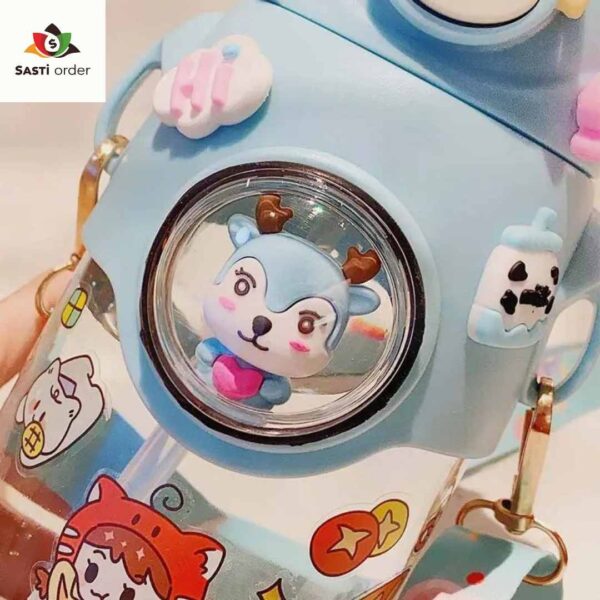 "Travel school cute animal water bottle with vibrant animal designs, placed on a school desk with stationery."