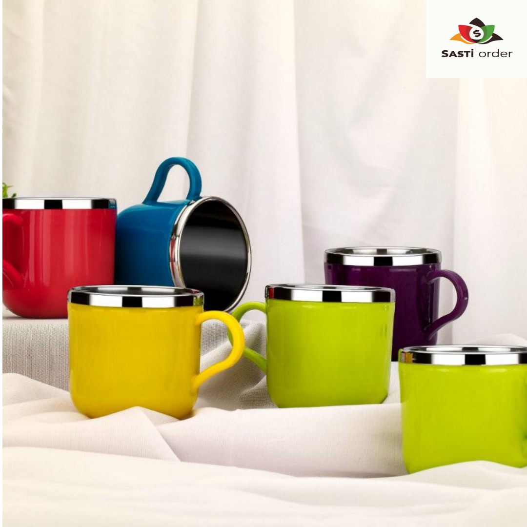 A stylish Steel Plastic Tea Cups Set featuring durable stainless steel interiors and lightweight plastic exteriors, perfect for enjoying hot beverages with comfort and elegance.