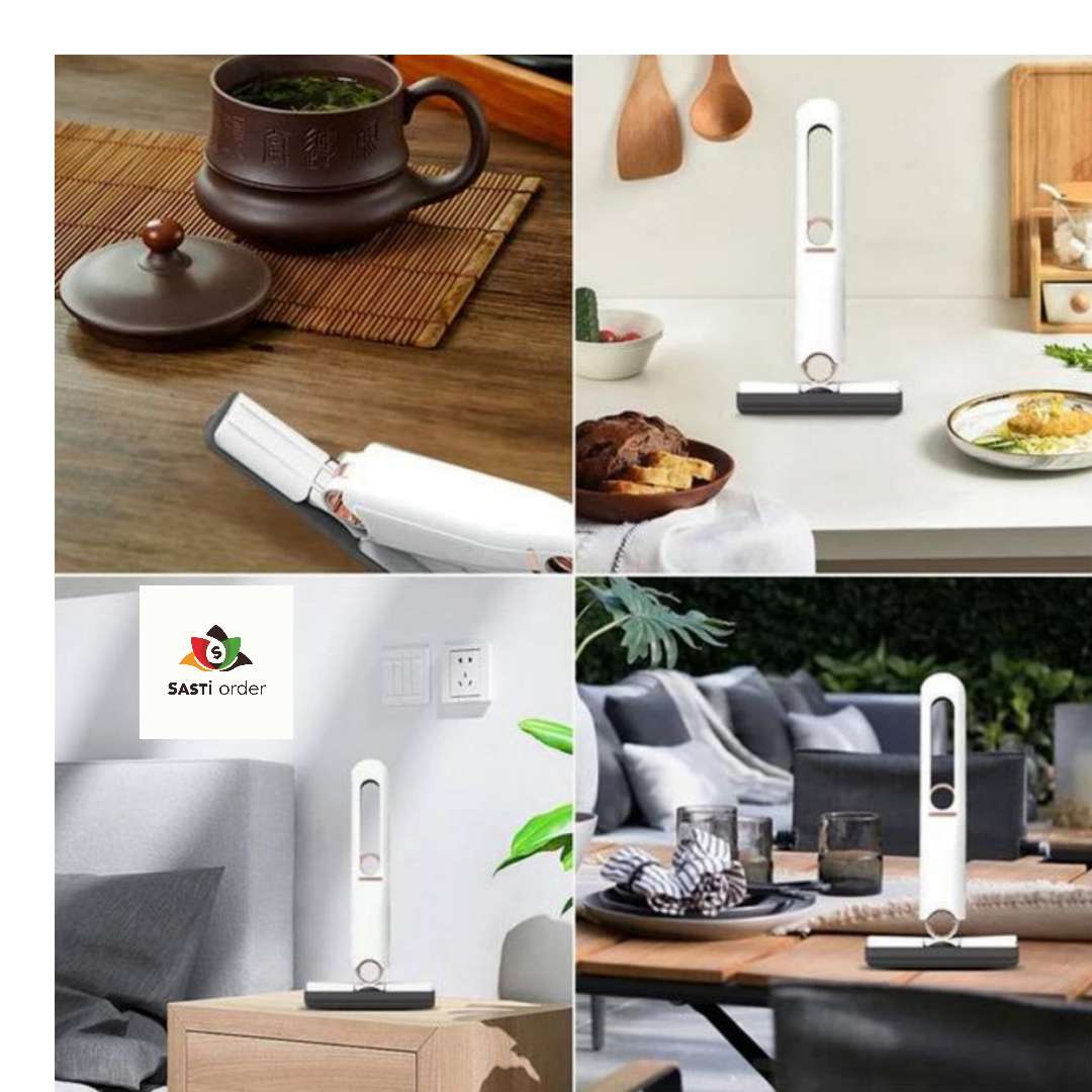 "Mini Portable Hand-Free Squeeze Mop with a sleek design and reusable microfiber pads, displayed in a modern kitchen."
