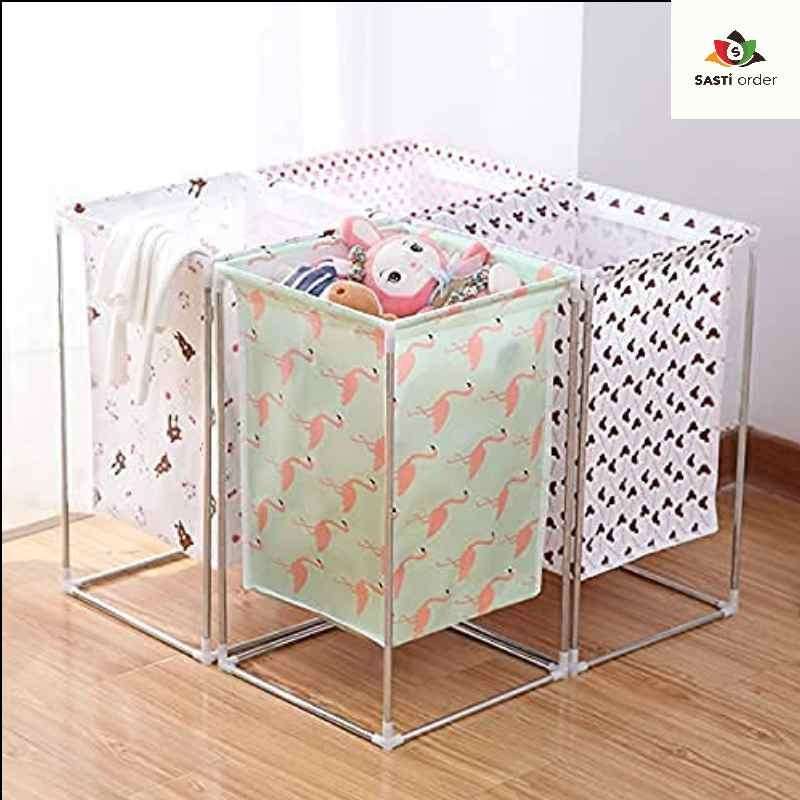 "Multifunction Laundry Basket with Metal Stand, featuring a spacious fabric basket and sturdy metal frame."
