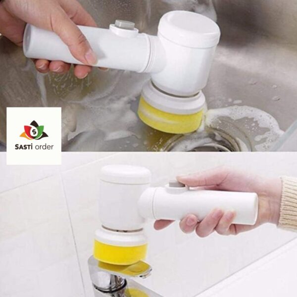 "5 in 1 Magic Brush featuring multiple interchangeable heads for versatile cleaning tasks, including scrubbing, wiping, and reaching tight spaces."