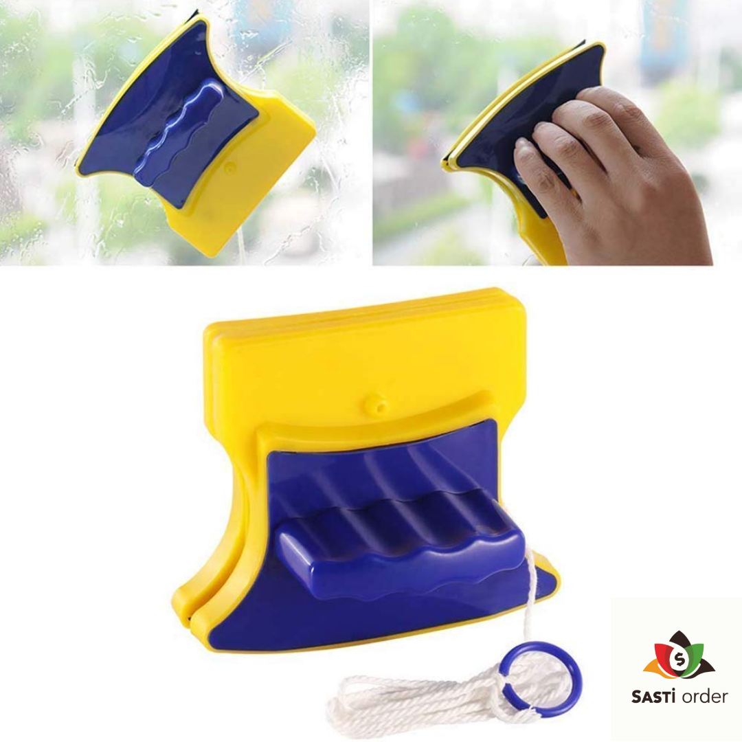 "Magnetic window glass cleaner featuring dual cleaning pads for simultaneous cleaning of both sides of windows, designed for easy use and streak-free results."