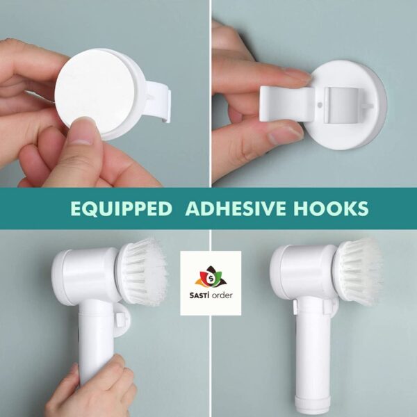 "5 in 1 Magic Brush featuring multiple interchangeable heads for versatile cleaning tasks, including scrubbing, wiping, and reaching tight spaces."