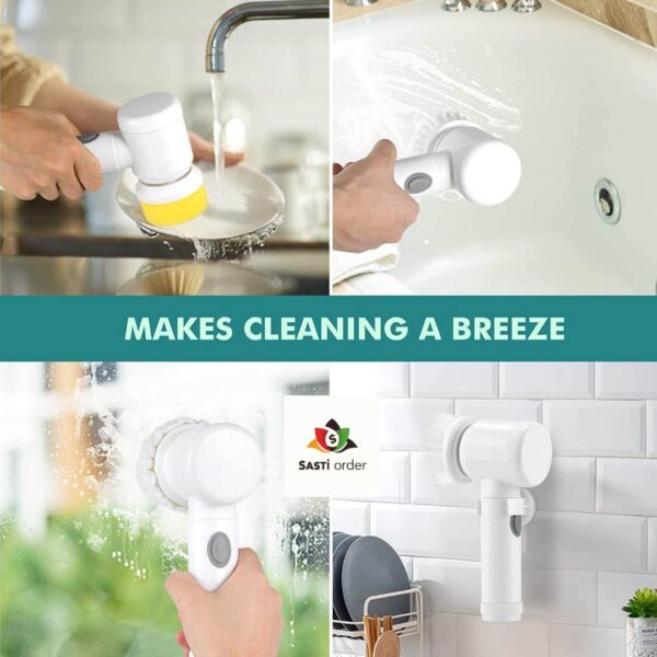 "5 in 1 Magic Brush featuring multiple interchangeable heads for versatile cleaning tasks, including scrubbing, wiping, and reaching tight spaces."