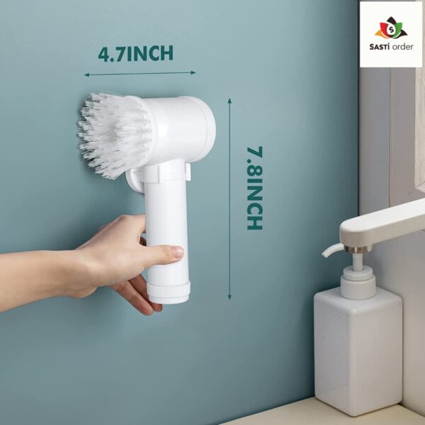 "5 in 1 Magic Brush featuring multiple interchangeable heads for versatile cleaning tasks, including scrubbing, wiping, and reaching tight spaces."
