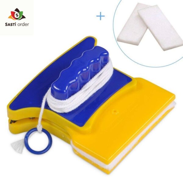 "Magnetic window glass cleaner featuring dual cleaning pads for simultaneous cleaning of both sides of windows, designed for easy use and streak-free results."