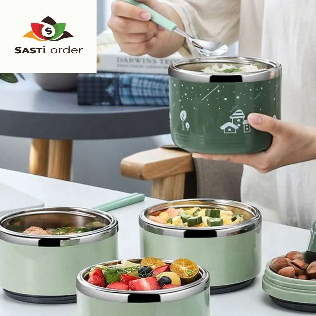 Floral print stackable stainless steel food containers with leak-proof lids, perfect for space-saving and stylish meal storage.