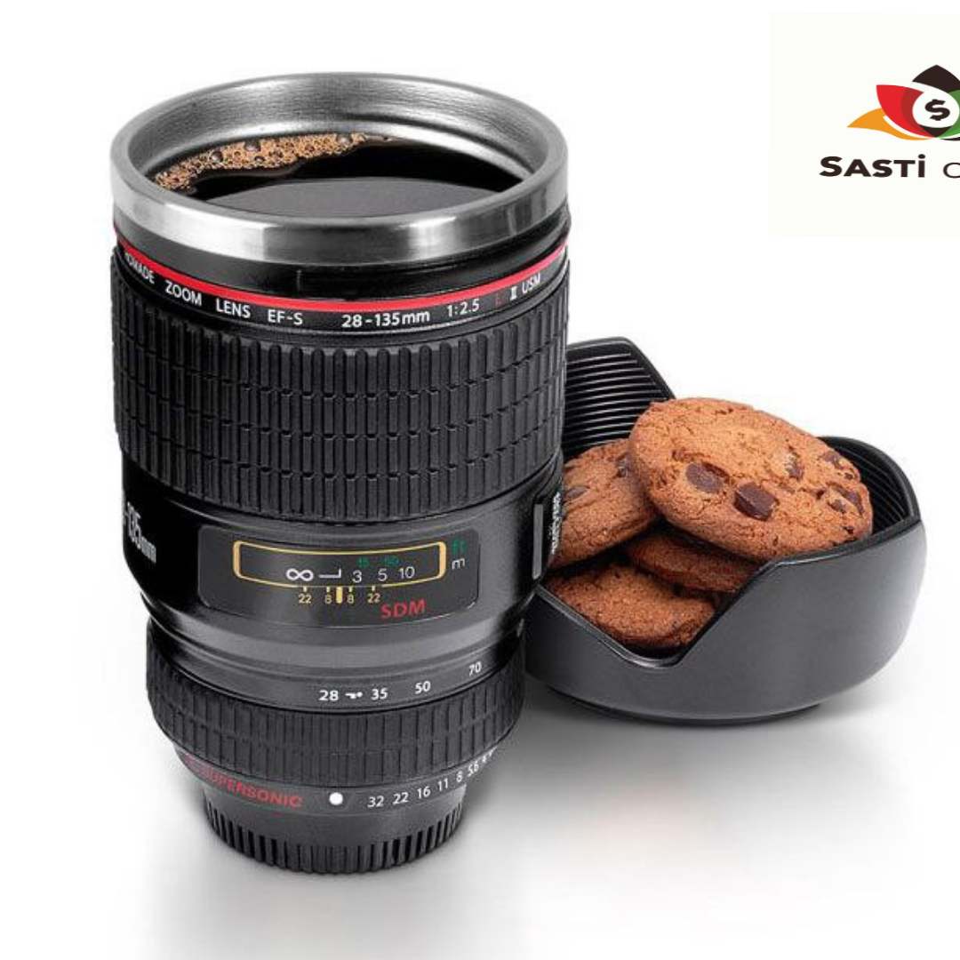 Realistic camera lens coffee mug with secure lens cap lid, perfect for photography enthusiasts.