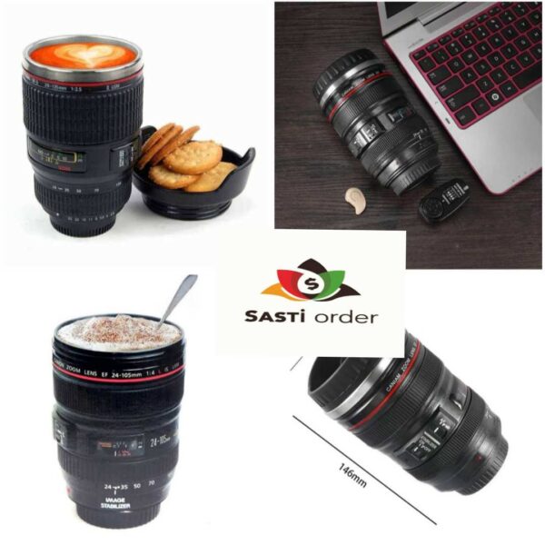 Realistic camera lens coffee mug with secure lens cap lid, perfect for photography enthusiasts.