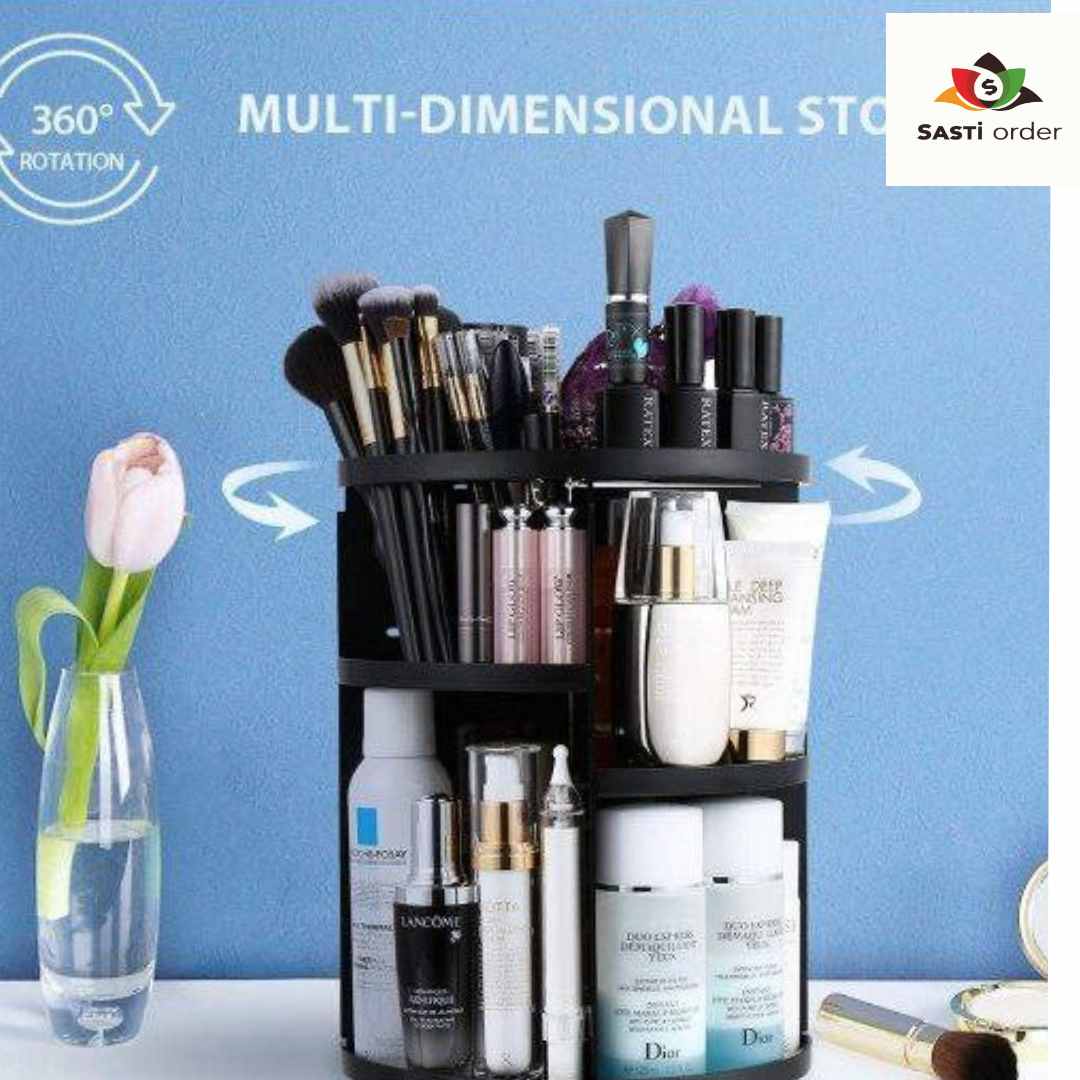 Jewelry box with 360-degree rotation, featuring multiple compartments for organized jewelry and makeup storage.